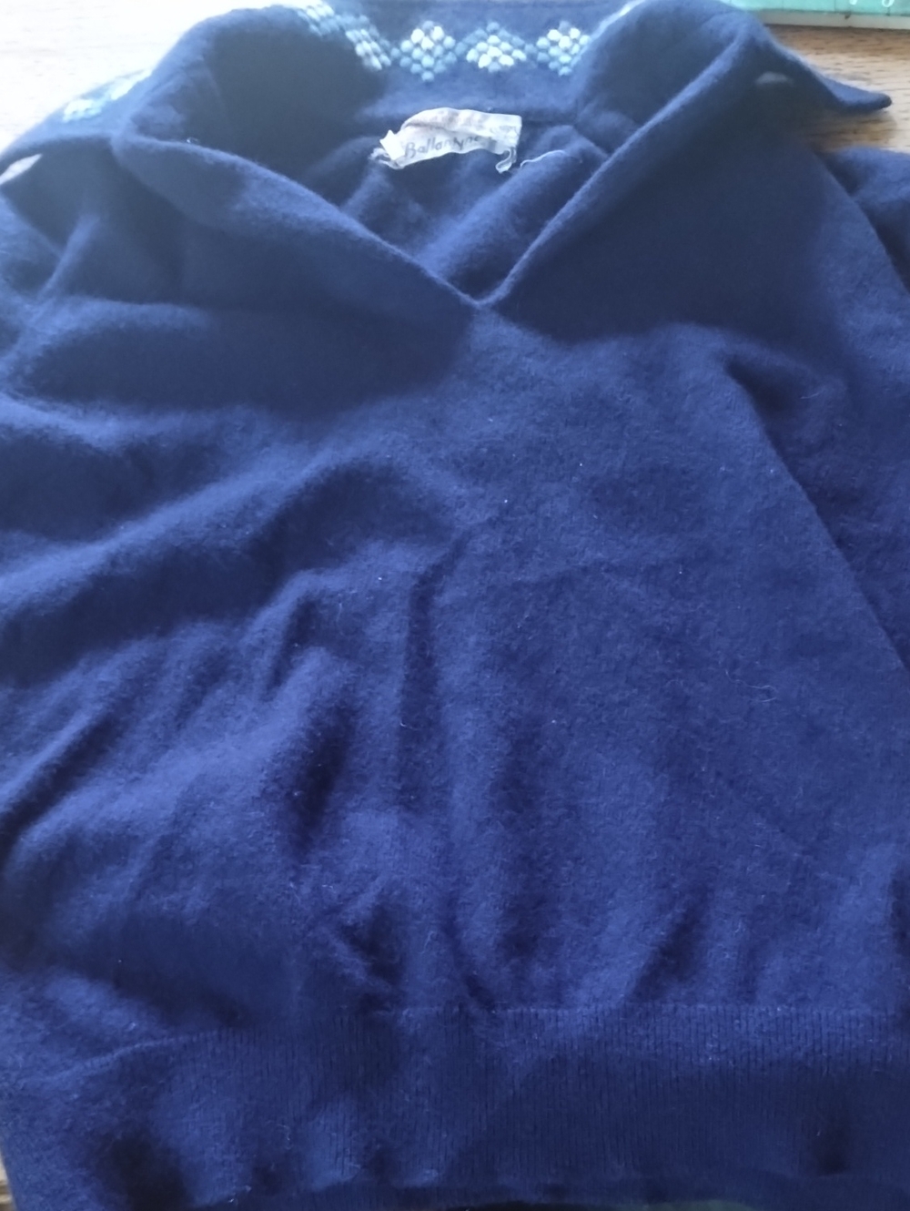 Ballantyne Women's Navy V-Neck Sweater with Subtle Patterned Collar
